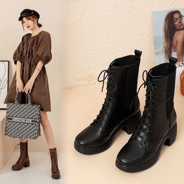 

2020 spring and autumn new leather square toe thick heel boots trendy lace-up platform high heel women's boots x374, Black