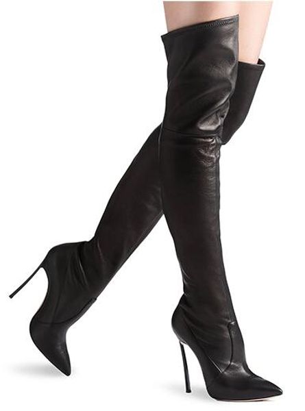 

custom make large size woman black leather pointed toe spike high heel velvet stretch over knee boots real p