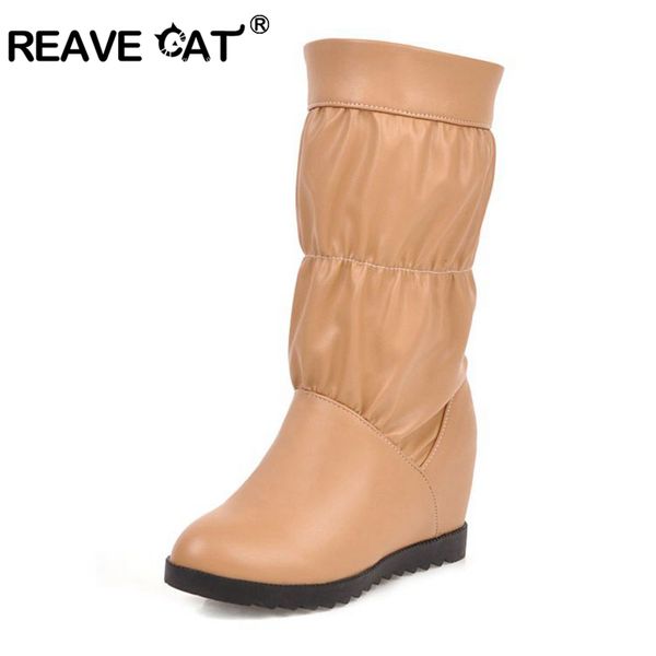 

reave cat winter mid-calf boots for women round toe height increasing wedge slip-on pleated fur big size 34-43 black apricot