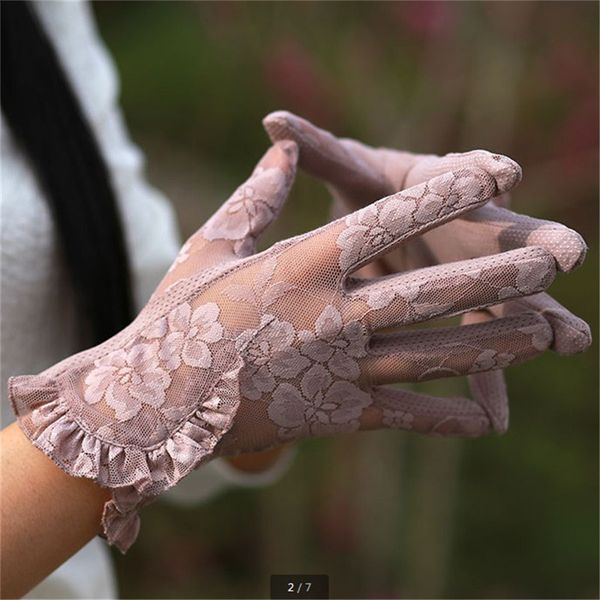 

women sun protection gloves summer driving anti-uv lace 2020 ladies stretch short spring and autumn thin section 5-d10, Blue;gray