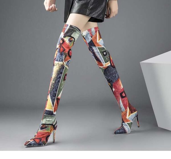 

boots celebrity style mixed colors stretch fabric women over the knee pointy toe ladies stiletto thigh party, Black