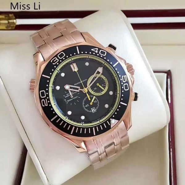 

luxury men quartz chronograph watches black dial rose gold stainless steel original clasp date casual mens business wristwatches, Slivery;brown