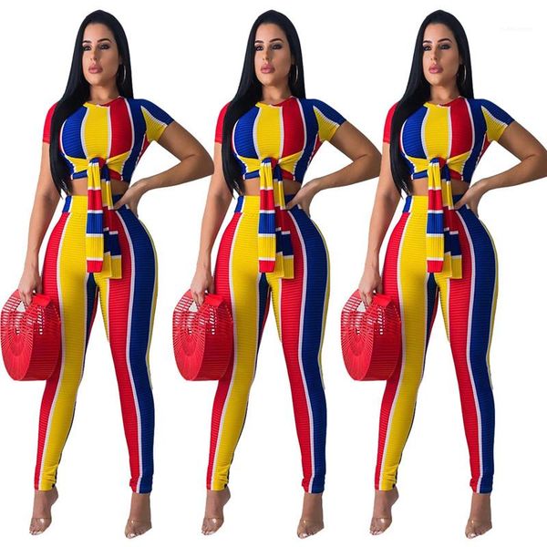 

2pc outfits fashion ribbon halter skinny two piece set fashion women clothes rainbow pirnting women, Gray