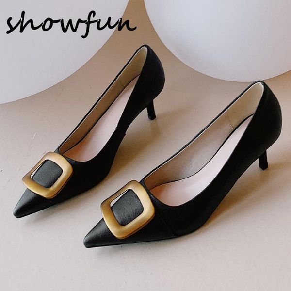 

plus size 33-43women's genuine leather slip-on pumps metal buckle pointed toe elegant ladies comfrotable dress high heels shoes, Black