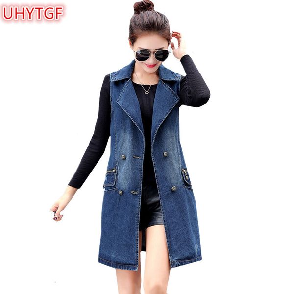 

uhytgf autumn denim vest women korean plus size double-breasted sleeveless jean ladies long vest elegant women's coats153, Black
