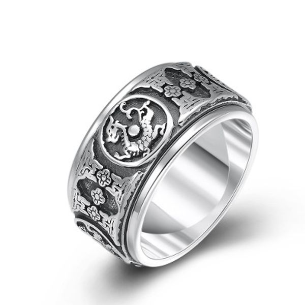 

s990 sterling silver ethnic god beast dragon rotatable ring jewelry women men ring