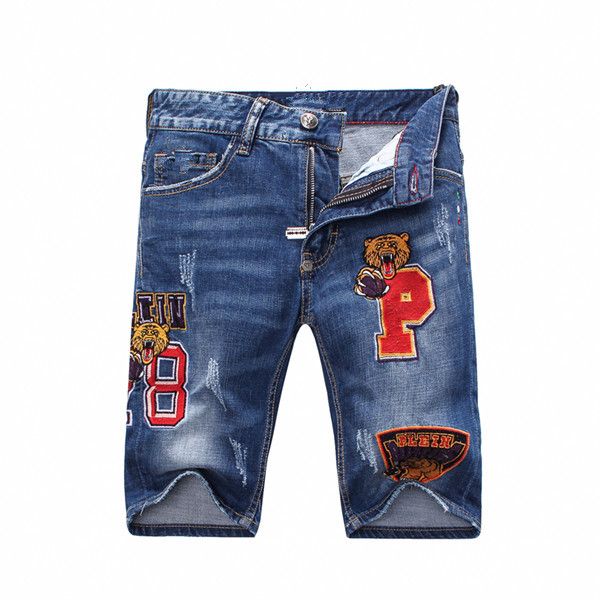

men's short jeans, denim shorts, summer jeans with zipper embroidered letters, men's slim pants, the version of hip-hop men's, Blue