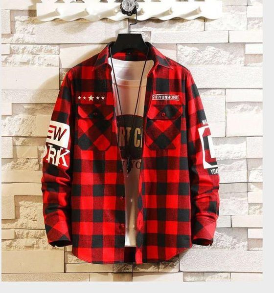 

кнопка с длинным рукавом карманный polos turn down воротник высокий streetwear мужские повседневный плед пэчворк лето мужские рубашки констр, White;black