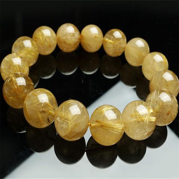 

15mm genuine natural yellow hair titanium rutilated quartz crystal round bea fashion jewelry charm stretch bracelet women, Black