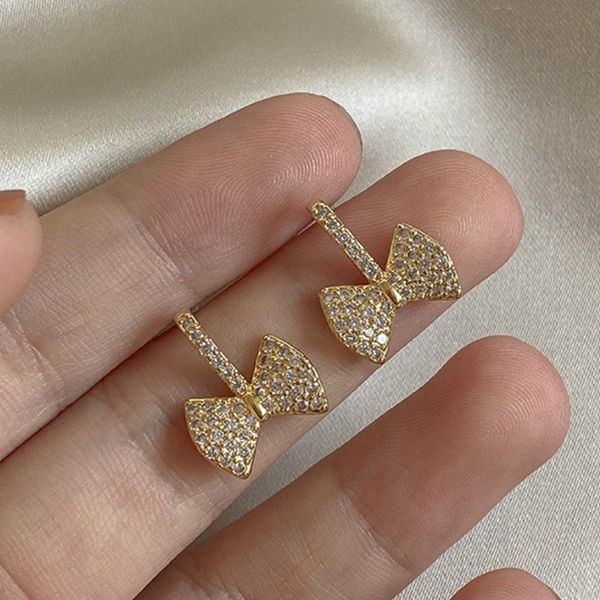 

korea style women earrings rhinestones cute small simple micro-set zircon bow stud earrings for girl fashion jewelry accessories, Golden;silver