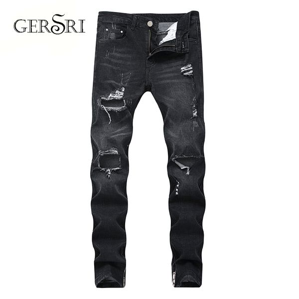 

gersri knee ripped jeans for men skinny biker jeans men distressed slim hole summer long male, Blue
