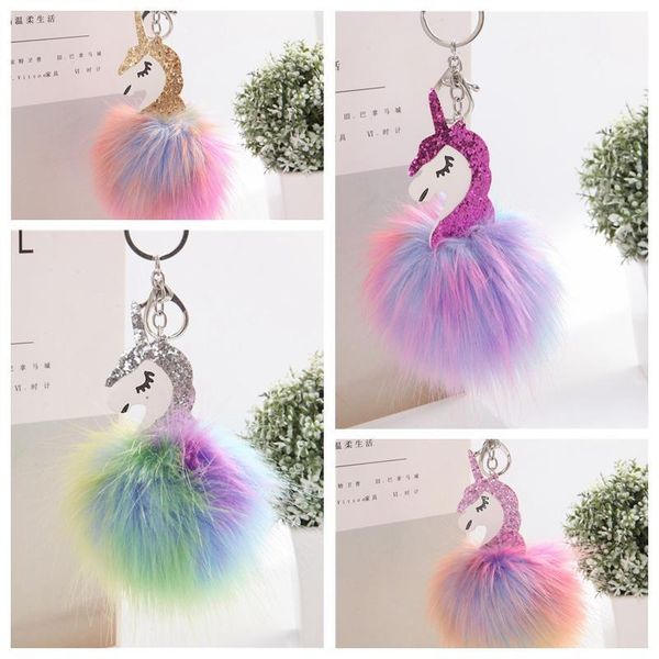 

сеть styling мех сумочка автомобили unicorn лошадь брелоки телефон брелок женщины 4styles pompom pom пушистого ключ автомобиль подвесок коль, Silver