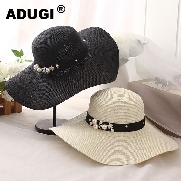 

adugi new hat ladies casual big-brimmed hat beach sunscreen breathable foldable straw pearl rivet flat-brimmed, Blue;gray