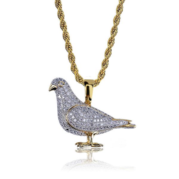 

hip hop micro pave + cubic zirconia iced out bling gold two tone pigeon pendants necklace for men rapper jewelry gifts, Silver
