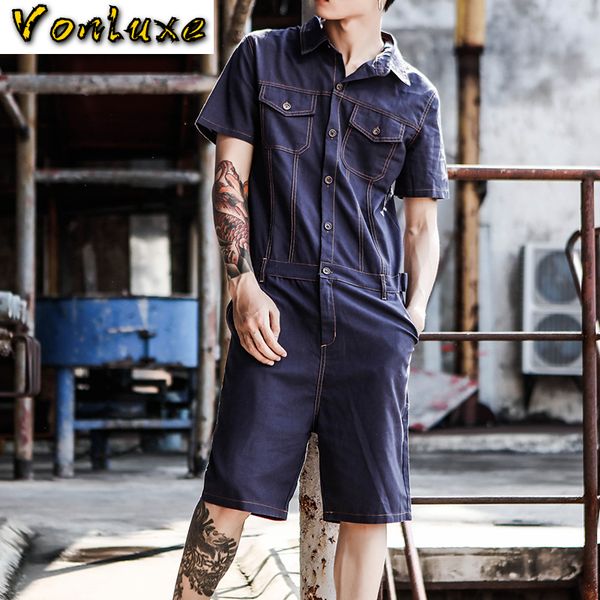 

jeans jumpsuit men summer short sleeve one piece overalls mens denim jumpsuits playsuits rompers casual outfit male clothes, Blue