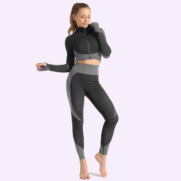 

yoga set gym clothing sport fitness suit running clothes zipper cardiga long sleeve+ leggings women seamless gym yoga suits, White;red
