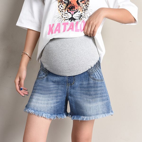 

873# maternity jeans shorts summer cropped denim pants belly support pants elastic waist maternity trousers, White