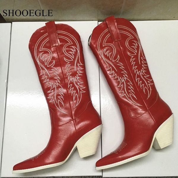 

zapatos mujer 2020 knee high boots women embroidered real leather western cowboy boots kitten heels shoes woman long boats, Black