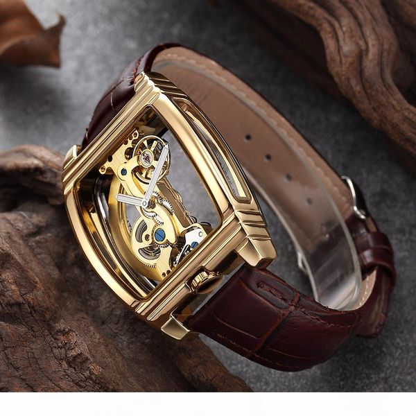 

transparent mens watches mechanical automatic wristwatch leather strap brand steampunk self winding clock male montre homme, Slivery;brown
