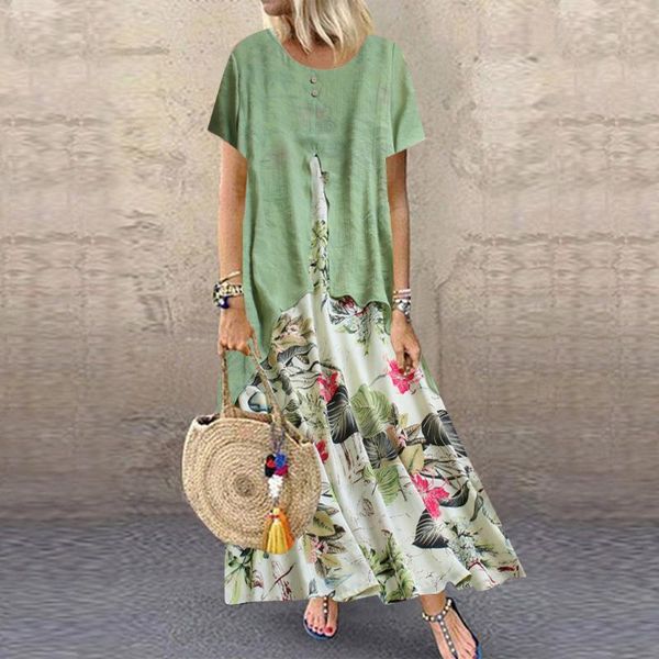 

casual dresses dress women vintage print long sundress patchwork o-neck short sleeve summer plus size maxi vestidos #d7, Black;gray