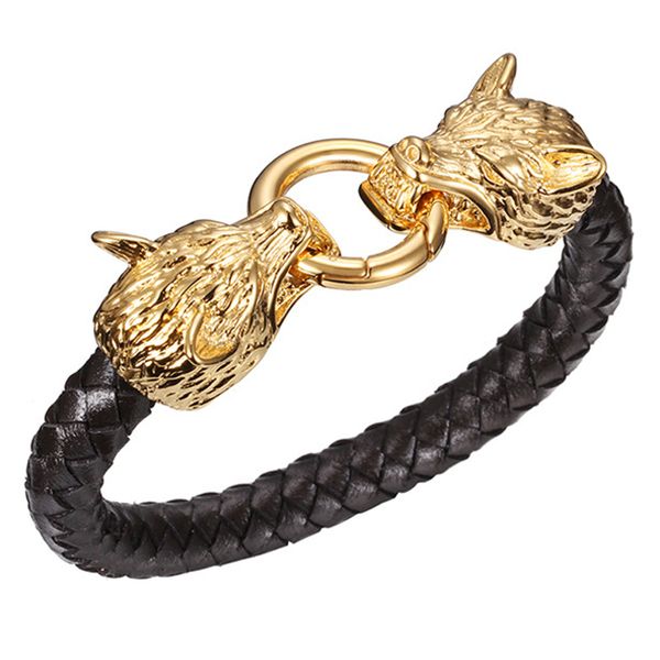 

cool stainless steel wolf head bracelets bangles black genuine leather bracelet men pulseras jewelry gift, Golden;silver