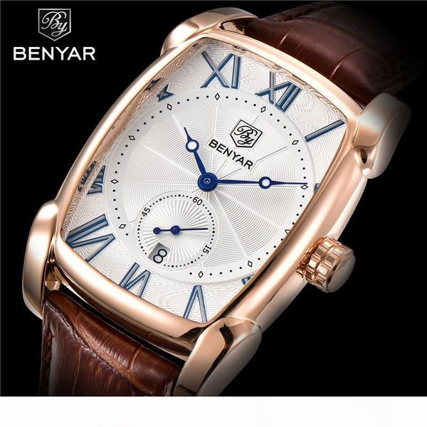 

benyar men watch waterproof sport genuine leather mens wrist watches brand luxury business military army man clock gift 5114 y19052103, Slivery;brown