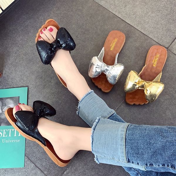 

fashion lovely butterfly-knot slippers beach shoes tpr sole non-slip candy colors leisure outdoor flip flops bling shoes home, Black
