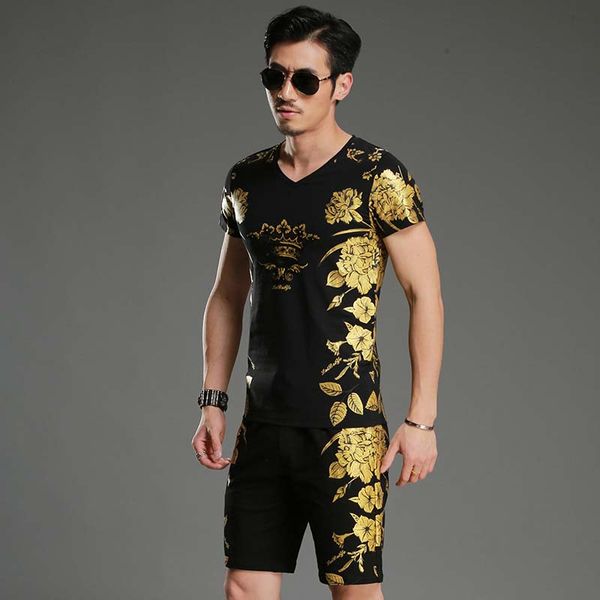 

2020 summer mens suit shorts 2 piece set cotton t shirt mens tracksuit set floral gilding paiting chinese style short pants, Gray