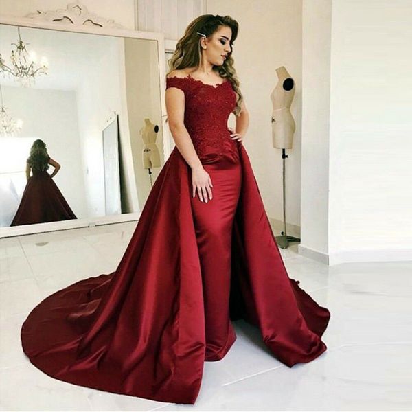 

dark red new arrival elegant evening dresses formal lace flowers plus size party gown 2020 vestido noiva sereia satin burgundy prom party, Black;red
