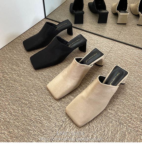 

2020 summer brand designer high heels shoes women slippers square toe mules shoes ladies party street sandals slides shoes, Black