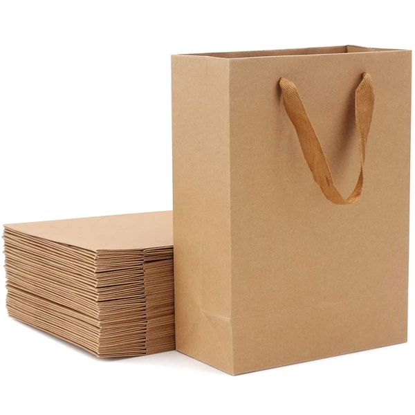 

25 pieces kraft paper shopping bag kraft paper gift bag, brown gift bag with widened fabric handle vertical section