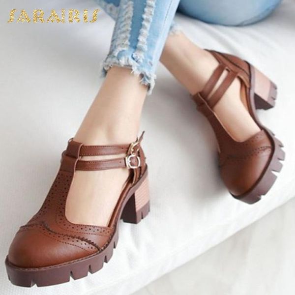 

sarairis 2020 big size 43 chunky heels platform vintage brogue shoes t-strap sandal pumps shoes women, Black