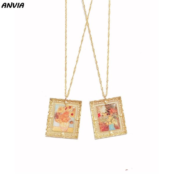 

vintage gogh sunflower necklace women bijoux oil painting pendant necklace gold chain punk art ornaments 2020 new gifts, Silver