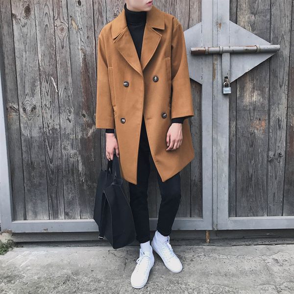 

autumn and winter new men's fashion youth temperament simple casual woolen coat solid color loose long-sleeved cotton polyester, Black