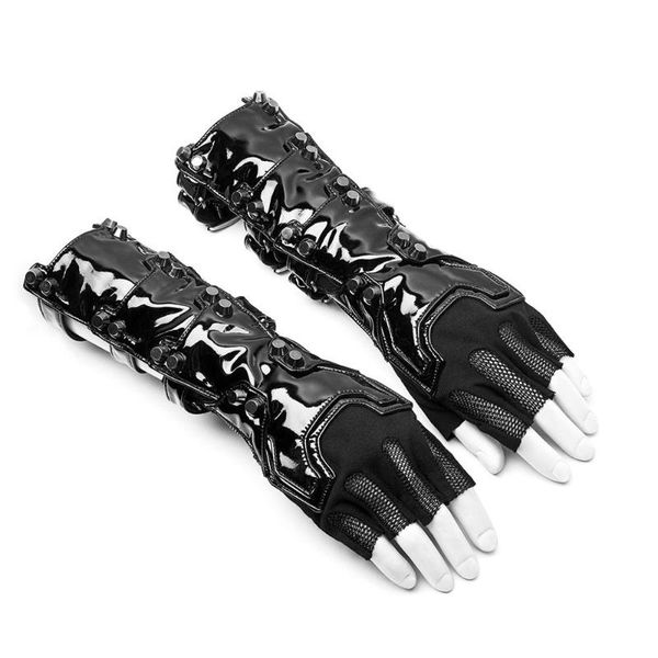 

punk rock bright leather zipper gloves black fashion open toe lace women gloves, Blue;gray