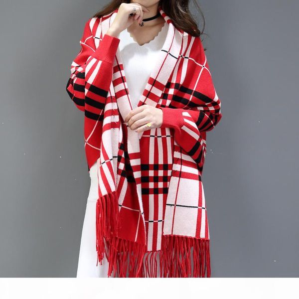 

xi yan source manufacturers double-sided cashmere plaid scarves long section of thick cashmere shawl with sleeves cape coat now, Blue;gray