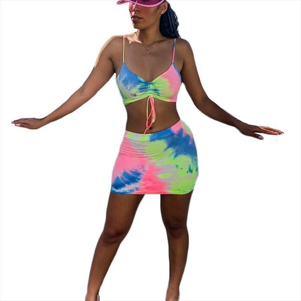 

women bodycon sleeveless tie dye two piece club clothes crop skirt set summer bandage mini skirts casual outfits female, Gray