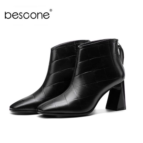 

bescone women boots new stylish elegant leather handmade ladies ankle boots zipper pointed toe shoes women bo695, Black