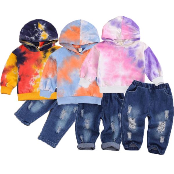

kids girls clothes tie dye girl hooded hole denim pants 2pcs sets long sleeve children outfits boutique kids clothing dw5976, White