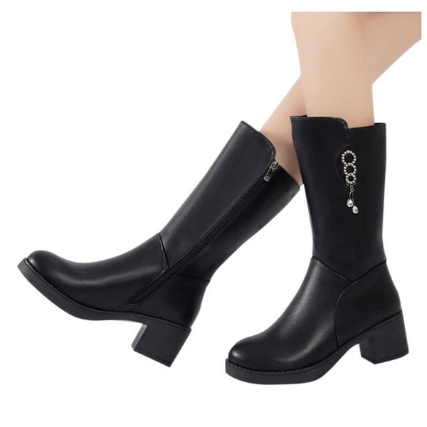 

boots 2021 leather warmer snow women's fashion square-heeled side zipper warm mid-tube ladies shoes woman winter, Black