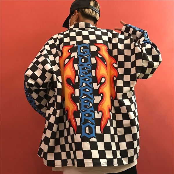 

autumn harajuku shirt women fashion letter printed loose shirts retro casual plaid streetwear hip hop womens coat, Black;brown