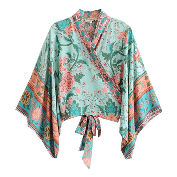 Bohemian Flor Imprimir Kimono Bow Tie Peacock Shirt Mulher Batwing Vintage luva Cruz V-Neck Cardigan solto Blusa Femme Blusas 200925