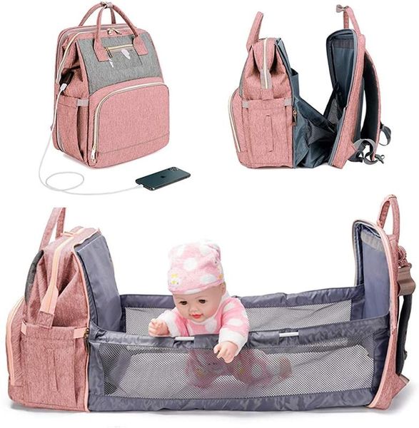 

usb diaper bags baby bed foldable sunscreen backpack crib bag large capacity insulation nursing stroller bag with changing mat