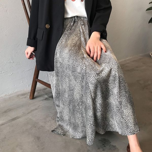 

elegant vintage long skirt elastic long silk satin leopard motif for woman a66, Black