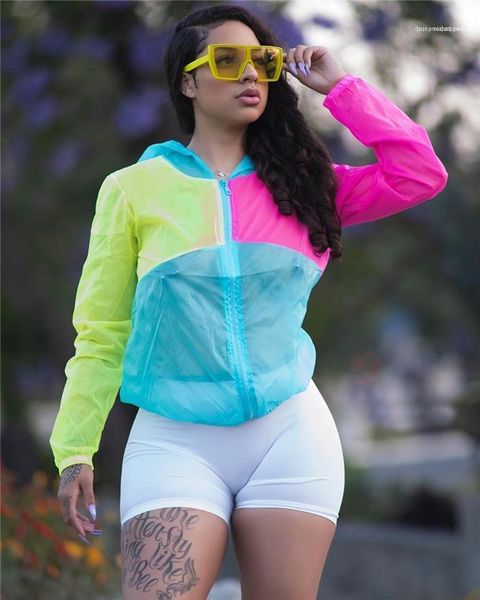 

panelled hooded neck outwears females quck drying sports coats womens summer sun protective jacket designer thin contrast color, Black;brown