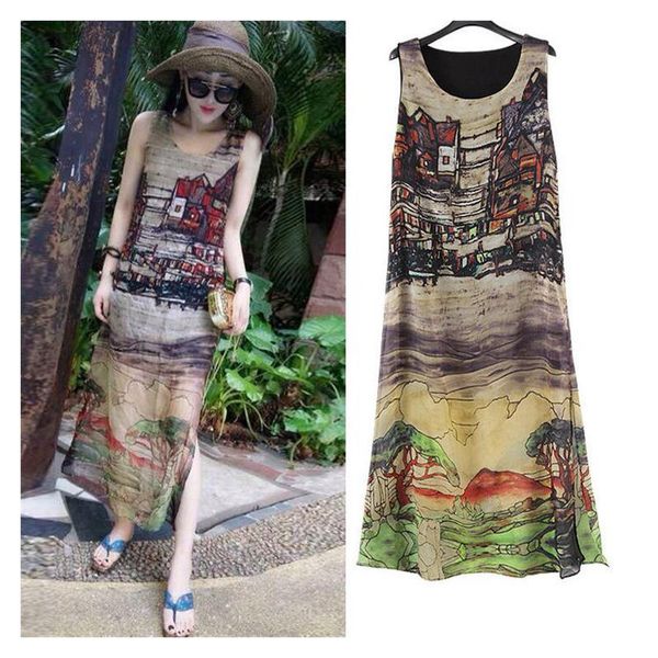 

womens lightweight summer sleeveless sundress round neck comfort chiffon tank dress pattern printing split hem for beach dresses, Black;gray