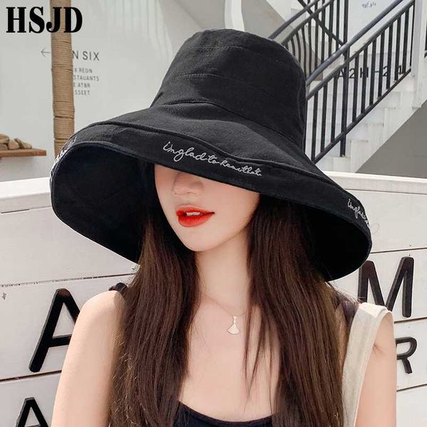 

super large brim anti-uv beach hat summer women sun hats foldable bucket hat 2020 fashion letter embroidery female visor bonnet, Blue;gray