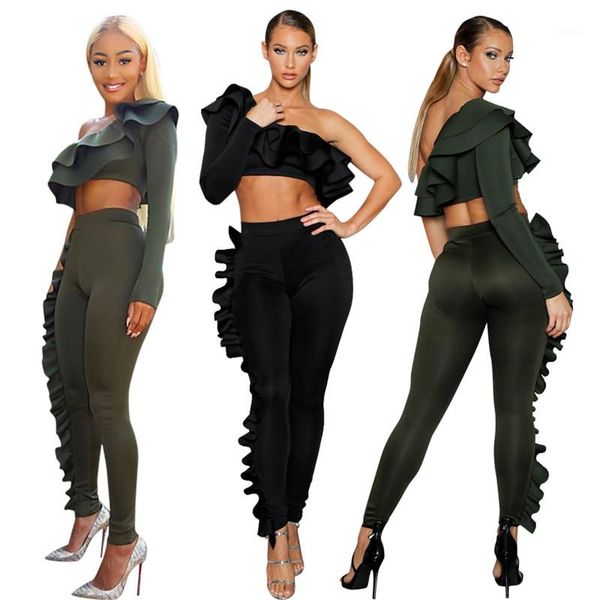 

women two piece outfits strapless women 2 piece set fashion solid color one shoulder ruffle asymmetrical pants set new, White