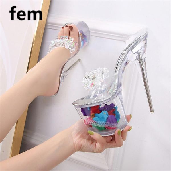 

crystal slippers women shoes transparent sandals women flower shoes bling clear slides high heels platform stiletto, Black