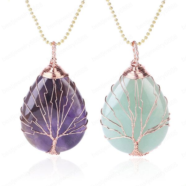 Tree of Life Su Damlası Kolye Kolye Pembe Altın Wrap Tel Doğal Taş Mor Pembe Kuvars Opal Chakra Reiki